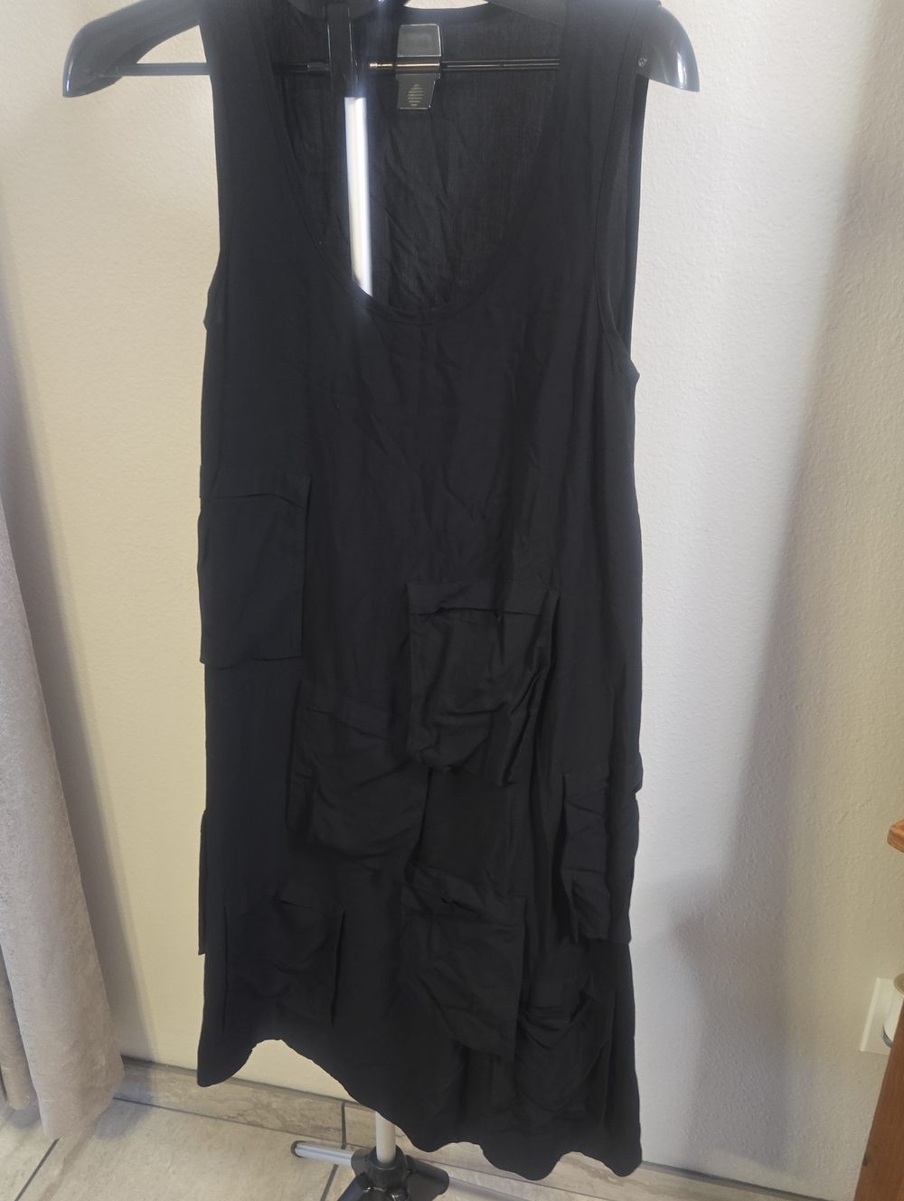 Black Sleeveless Midi Dress Pocket Accents "Dessin" and 100% Viscose